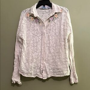 QPS White Lace Floral Embroidered Women's Top Size L
